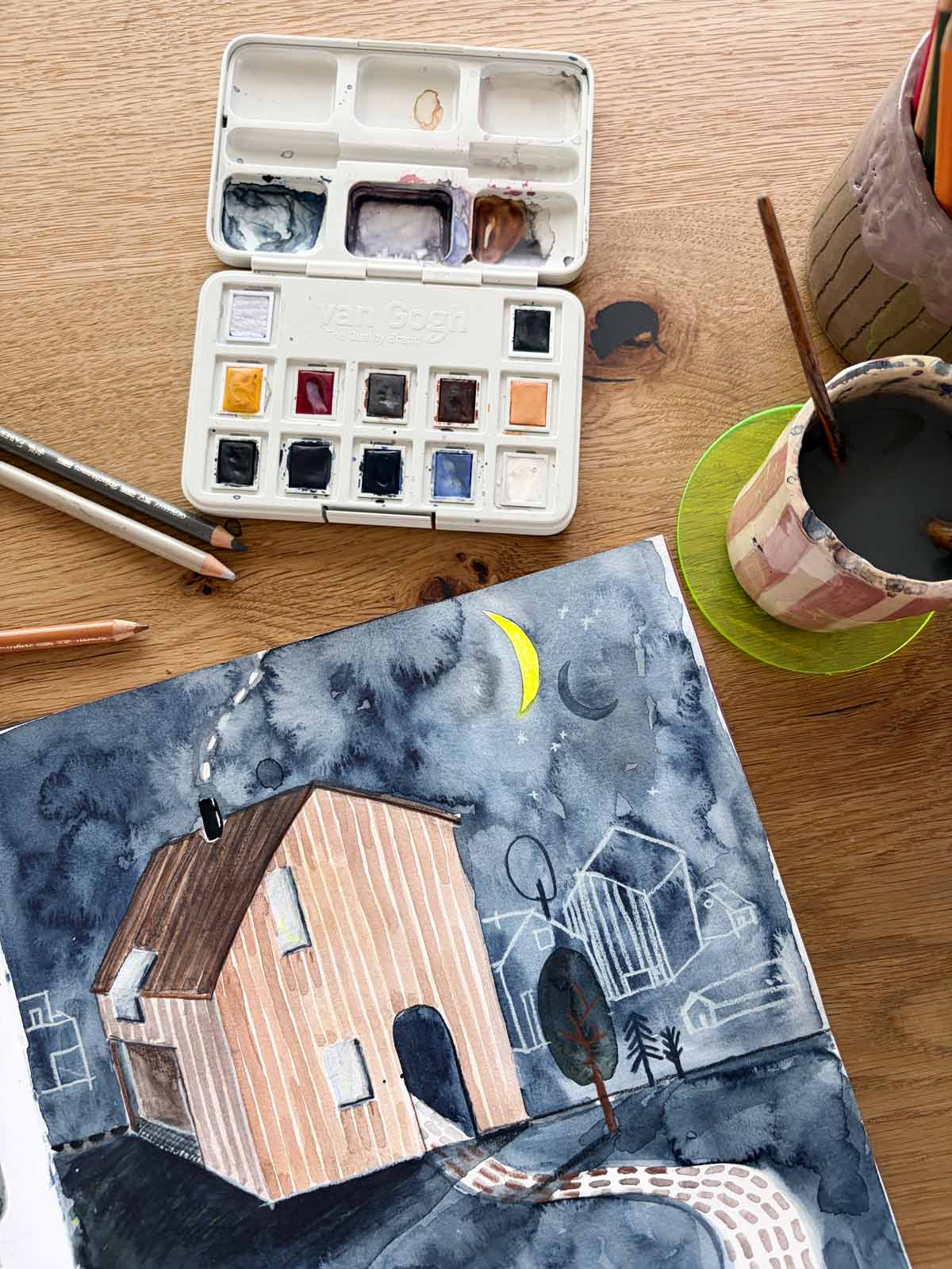 Aquarellkasten Halfbird x Van Gogh mit Aquarellbild Haus