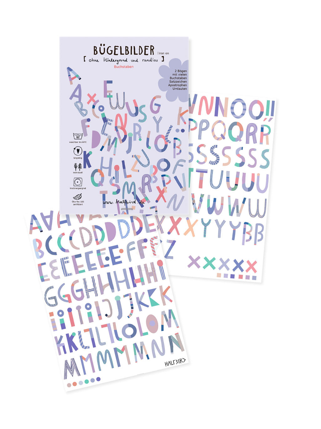 randlosen Buchstaben Bügelbildern von Halfbird mit Verpackung