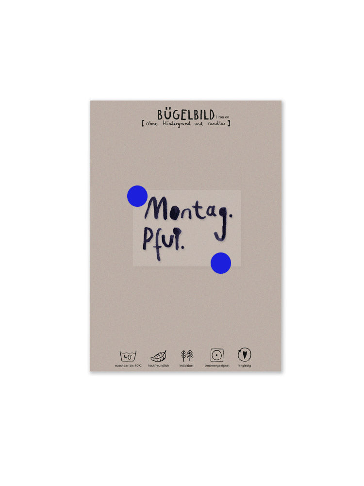 produktansicht von bügelbild randlos montag pfui von halfbird aufgebracht auf anleitungskarte