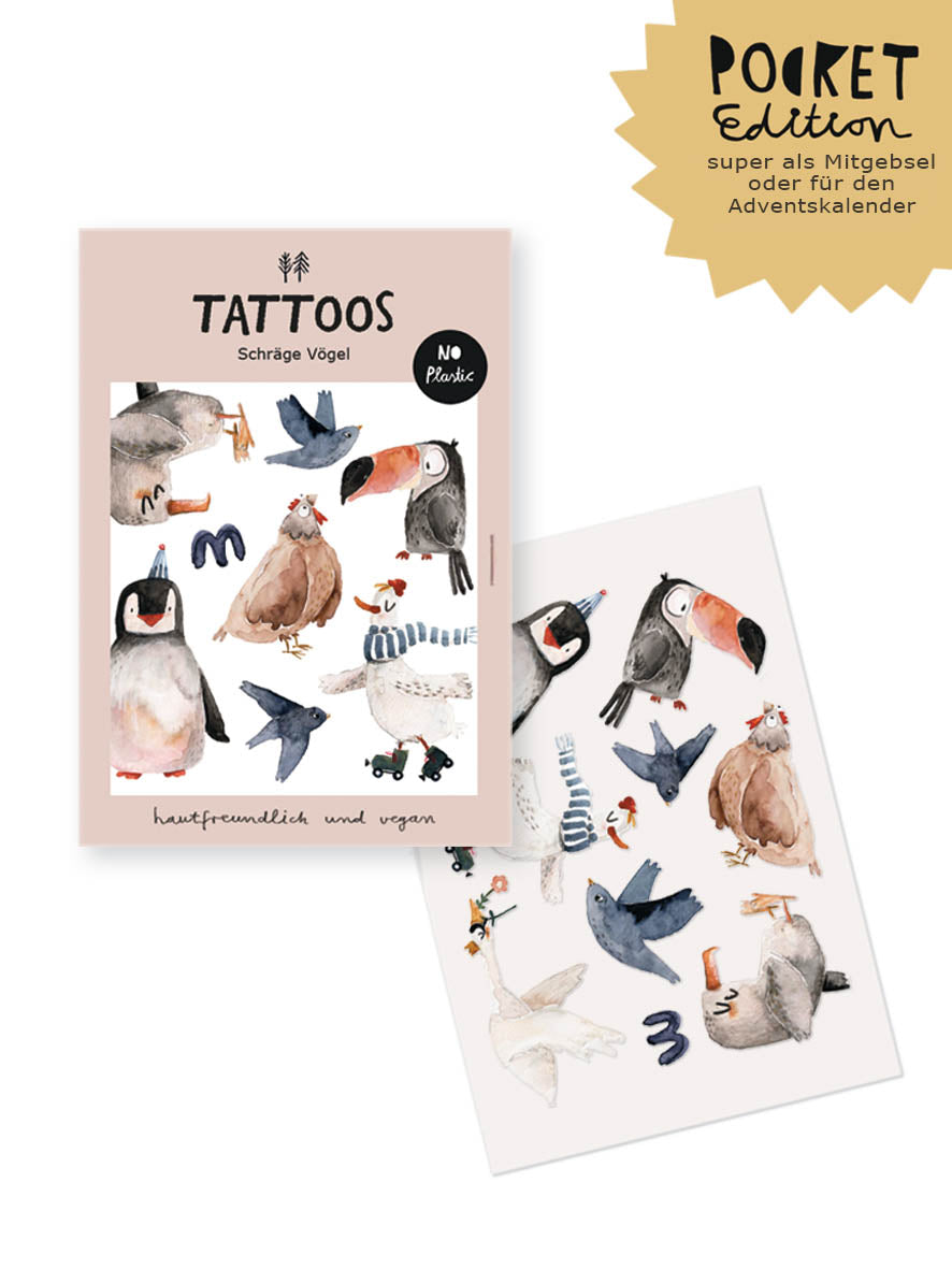kindertattoos plastikfrei in beige mit vögeln, pinguin, tukan, huhn und co