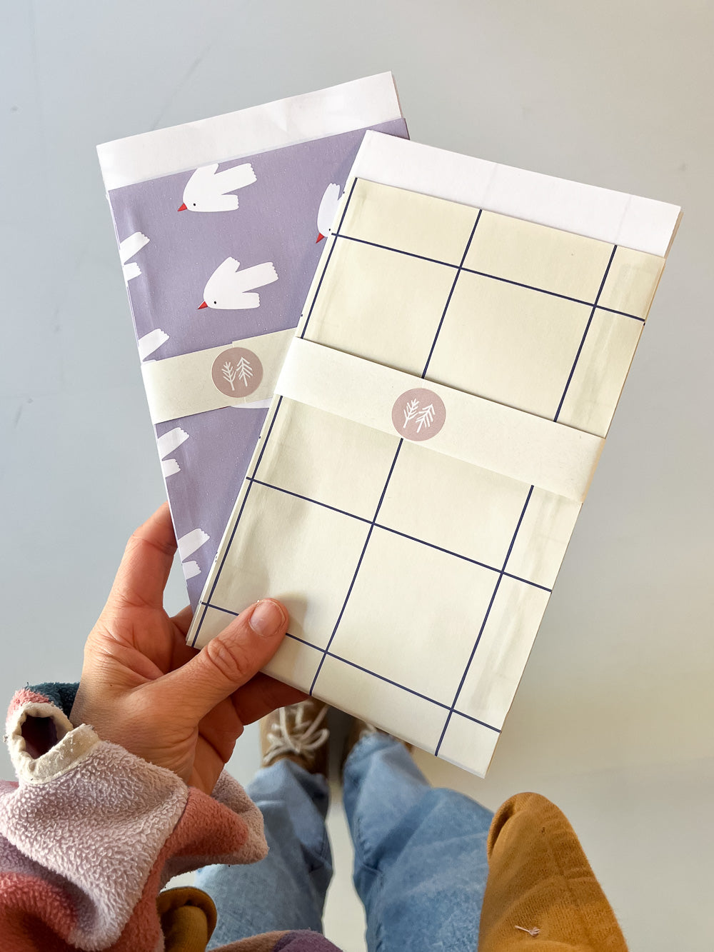 Hand mit Geschenktüte mit Vogelmuster und beige-blauem Karomuster von Halfbird