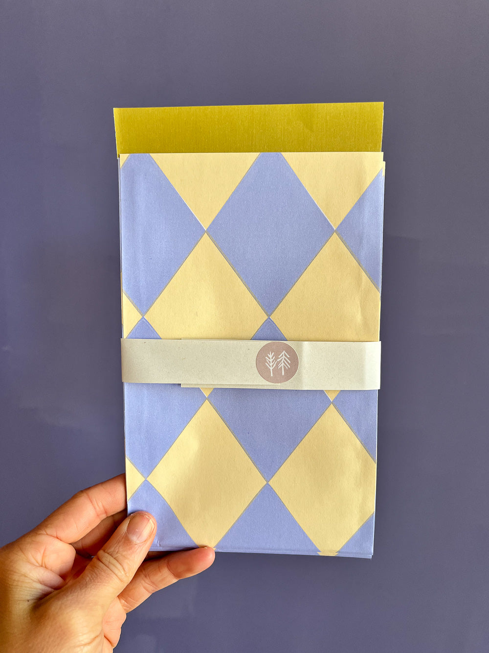 Hand mit Geschenktüte mit gelb-blauem Rautenmuster von Halfbird