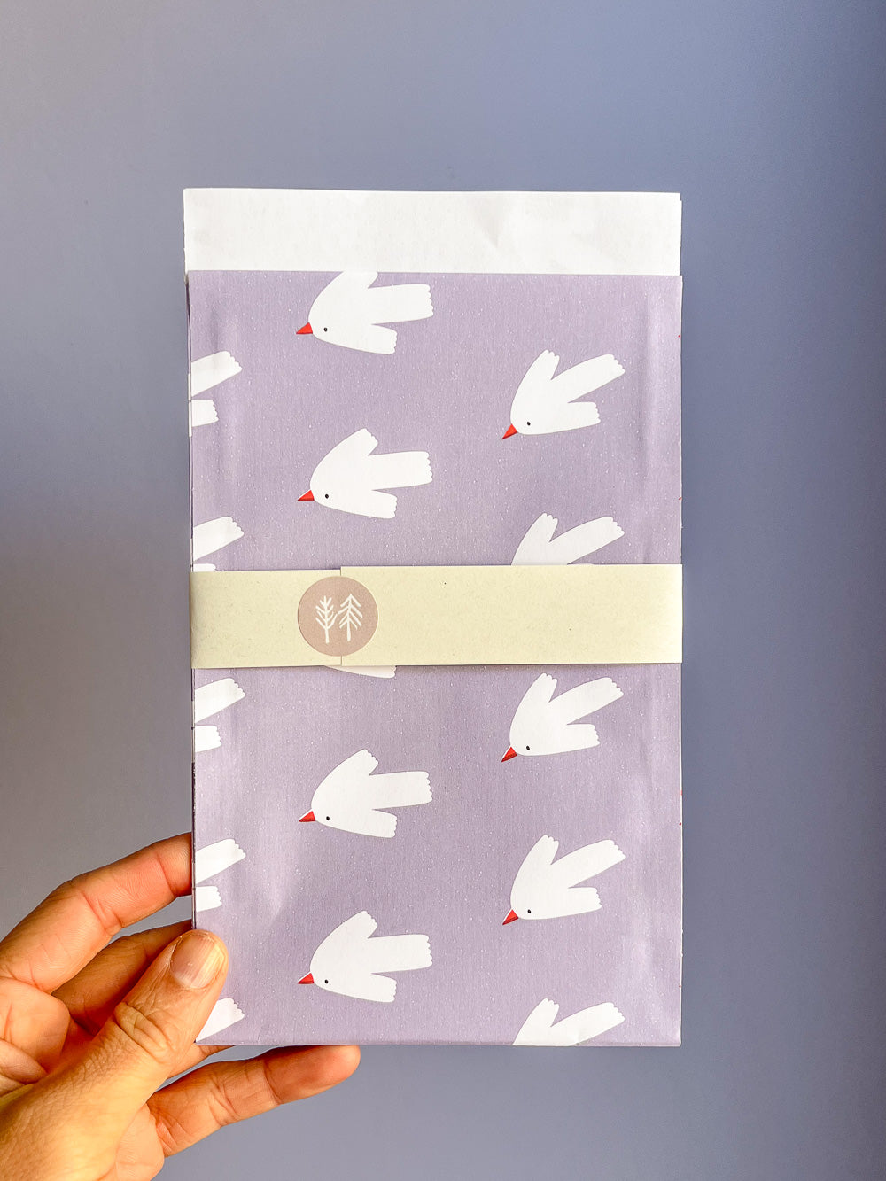 Hand mit Geschenktüte mit Vogelmuster von Halfbird