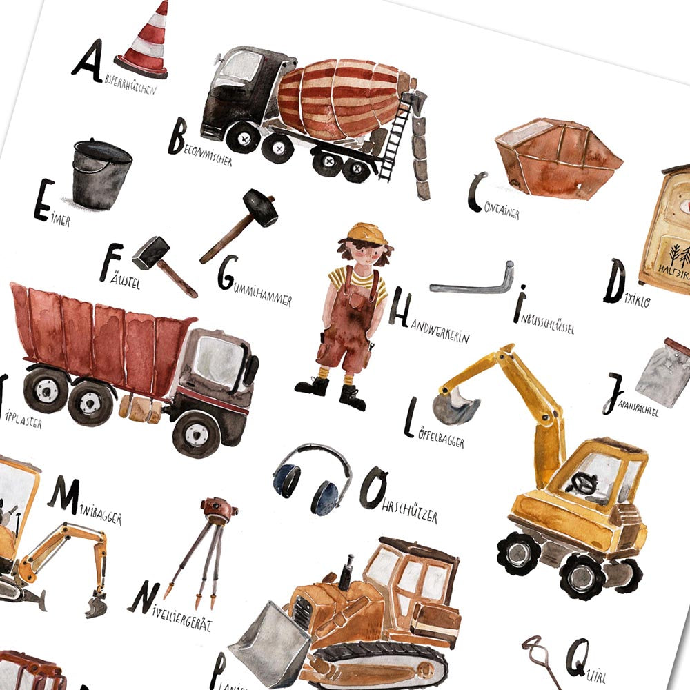 Detailansicht eines abc baustellen poster illustriert von halfbird mit Absperrhütchen, fäustel, gummihammer, handwerkerin, dixiklo, raupe, minibagger, Löffelbagger und co