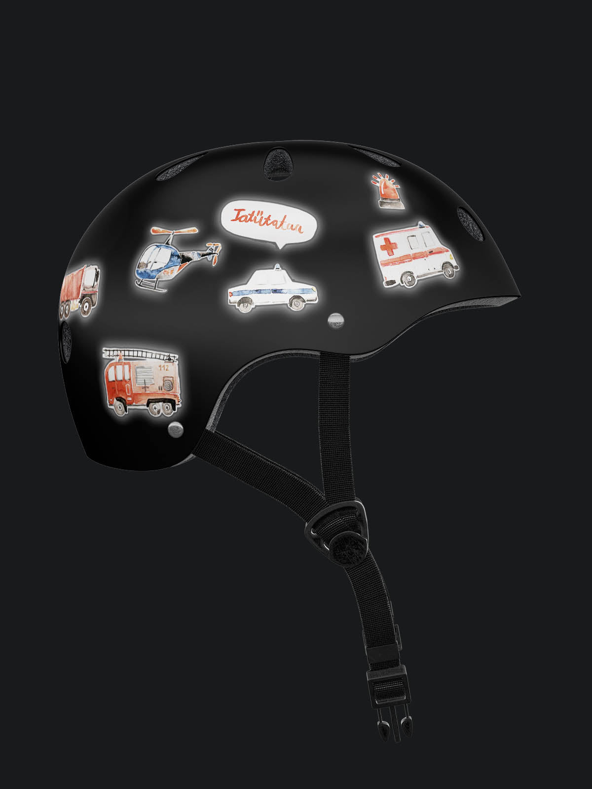 schwarzer fahrradhelm in der dunkelheit mit reflektierenden aufkleber polizei, krankenwagen, lkw, hubschrauber, feuerwehr und co