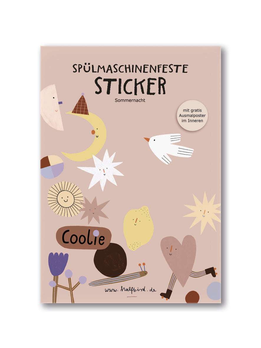 Produktverpackung in rosa mit spülmaschinenfesten stickern von halfbird. zu sehen sind schnecke, blumen, sterne, mond, rollschuhfahrendes herz