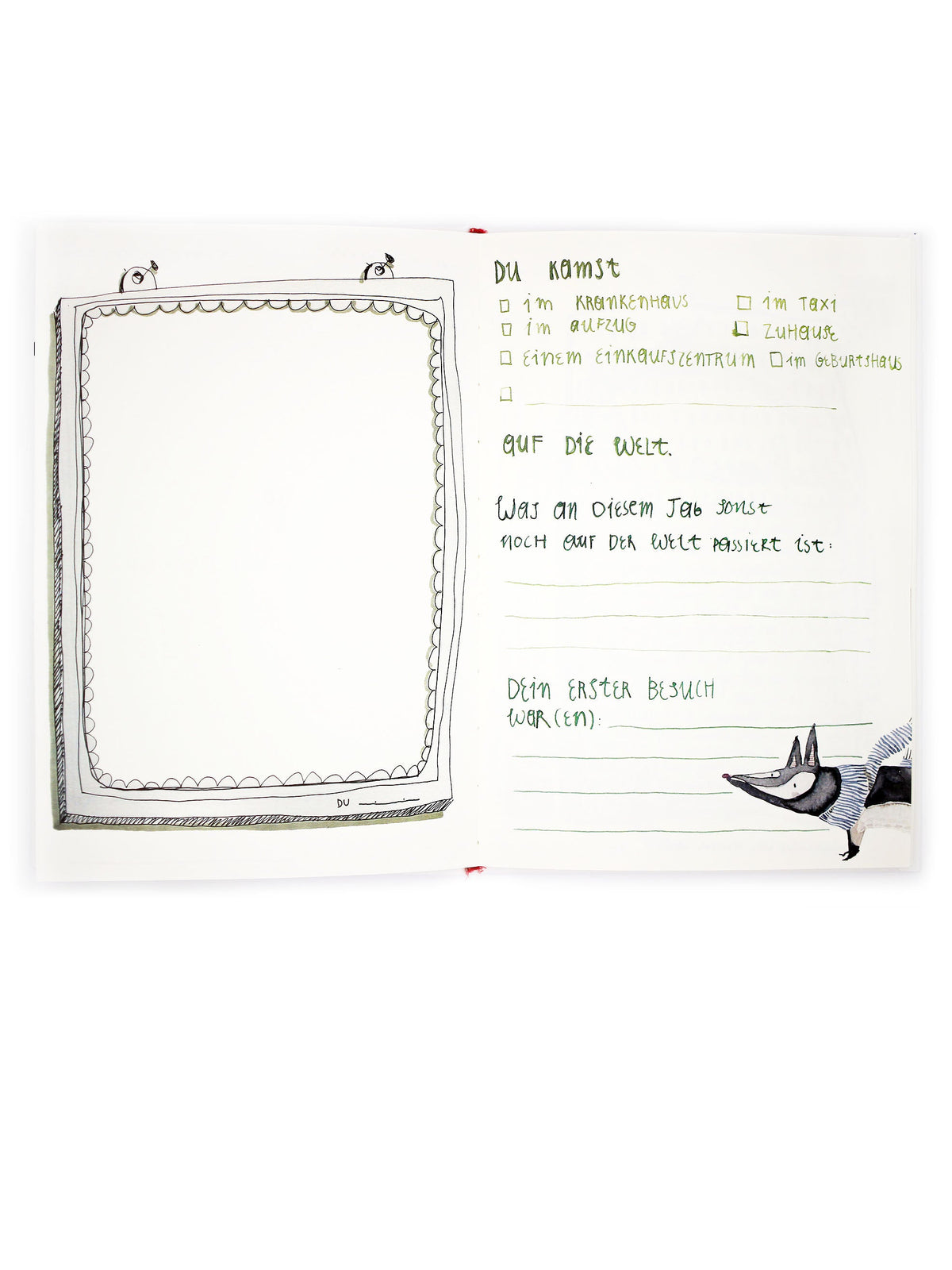 Fotorahmen und Text wo du auf die Welt kamst zum Ankreuzen im Fotoalbum für Babys