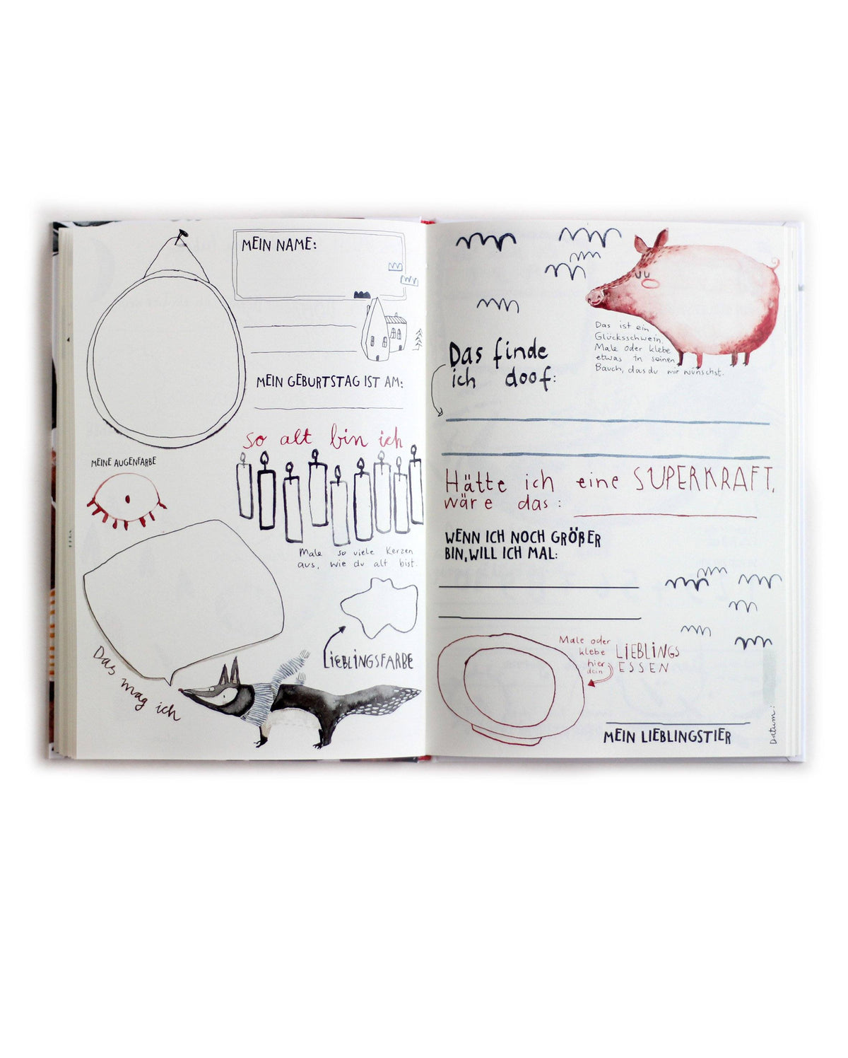 aufgeklapptes Freundschaftsbuch mit Platz für Name, Geburtstag, Das mag ich, Wenn ich noch größer bin will ich mal... werden, Lieblingstier und das finde ich doof.