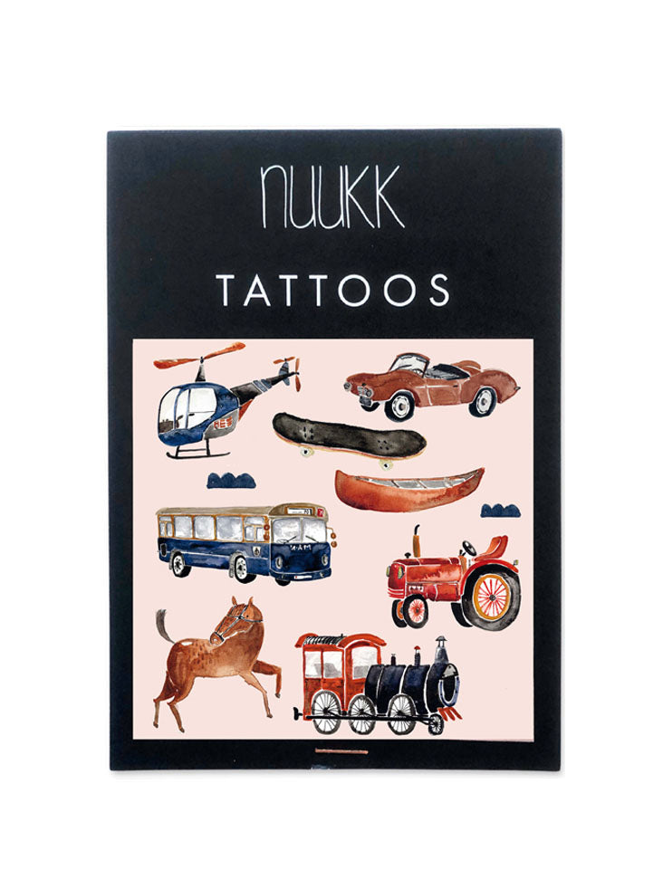 coole kindertattoos mit Fahrzeugen wie Flugzeug, Lkw, Helicopter, Skateboard Cabrio Bus und Traktor