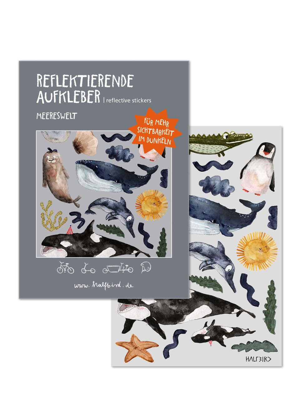 reflektierende Aufkleber Meereswelt mit Wal, Schwertwal, Robbe, Pinguin, Kugelfisch und Co.