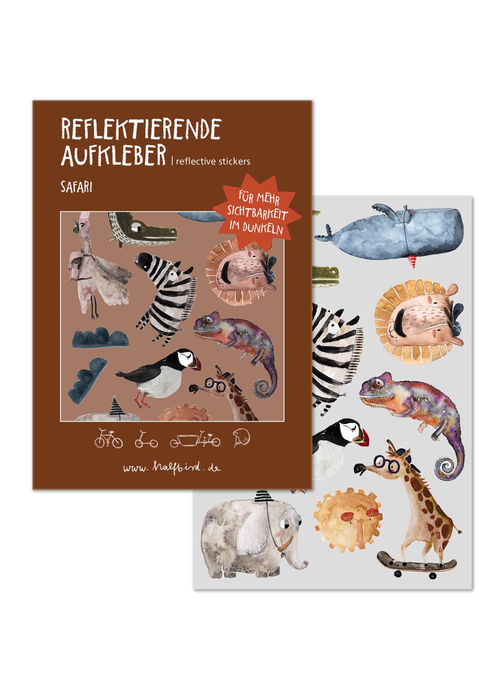reflektierende Safari Sticker als Set mit Krokodil, Löwe, Giraffe, Wal, Zebra, Elefant und co