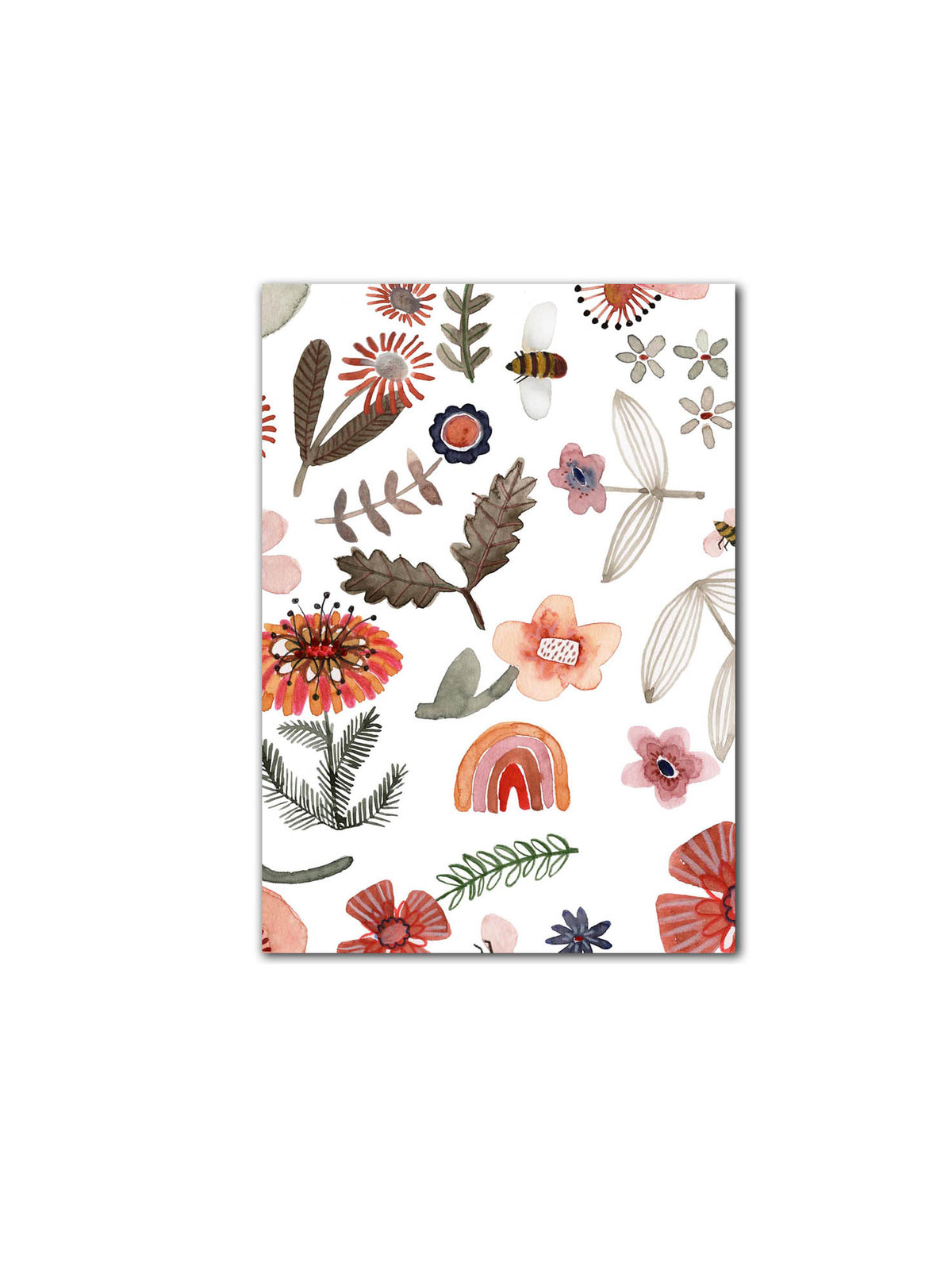 Postkarte Recyclingpapier mit Blumen, Blüten, Regenbogen und Hummeln in rosa rot grün