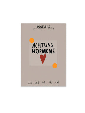 produktansicht bügelbild randlos achtung hormone von halfbird aufgebracht auf anleitungskarte