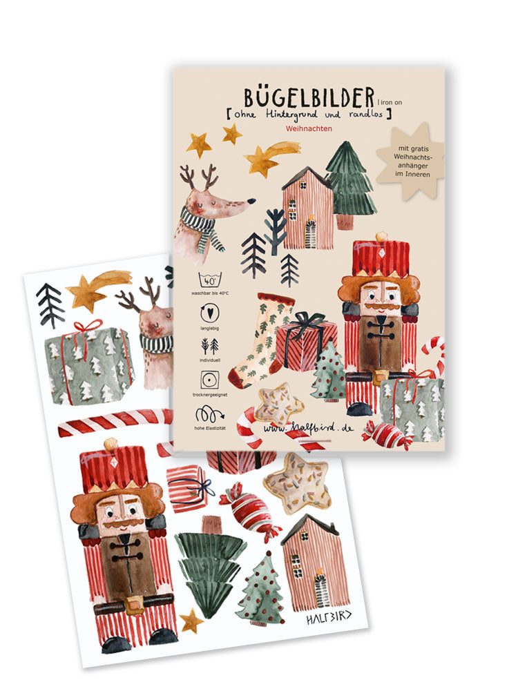 bügelbilder weihnachten von halfbird, mit nussknacker, bäumen, geschenken, weihnachtssocke, haus, zuckerstange und co
