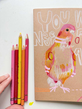 orangene, rote und gelbe Polychromo Stifte von Faber Castell bei Halfbird mit Tauben Zeichnung