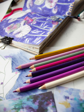 Stifteset "Seerose" mit Polychromos und Brushpen von Halfbird neben Illustration im Skizzenbuch