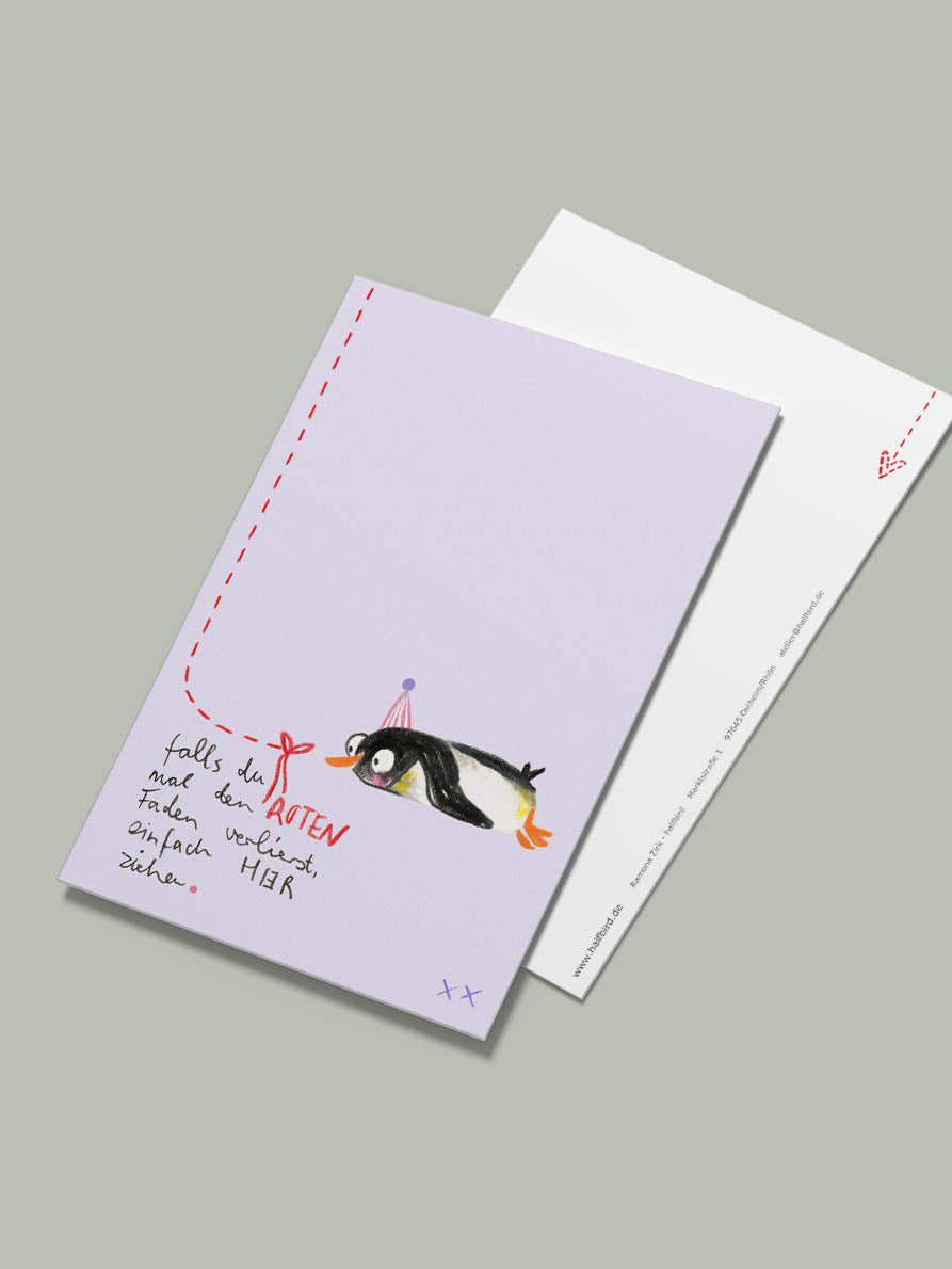 Postkarte "roter Faden verlieren" | Pinguin
