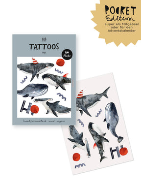 kindertattoos von halfbird in blau mit haien und wal