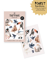 kindertattoos plastikfrei in beige  mit vögeln, pinguin, tukan, huhn und co