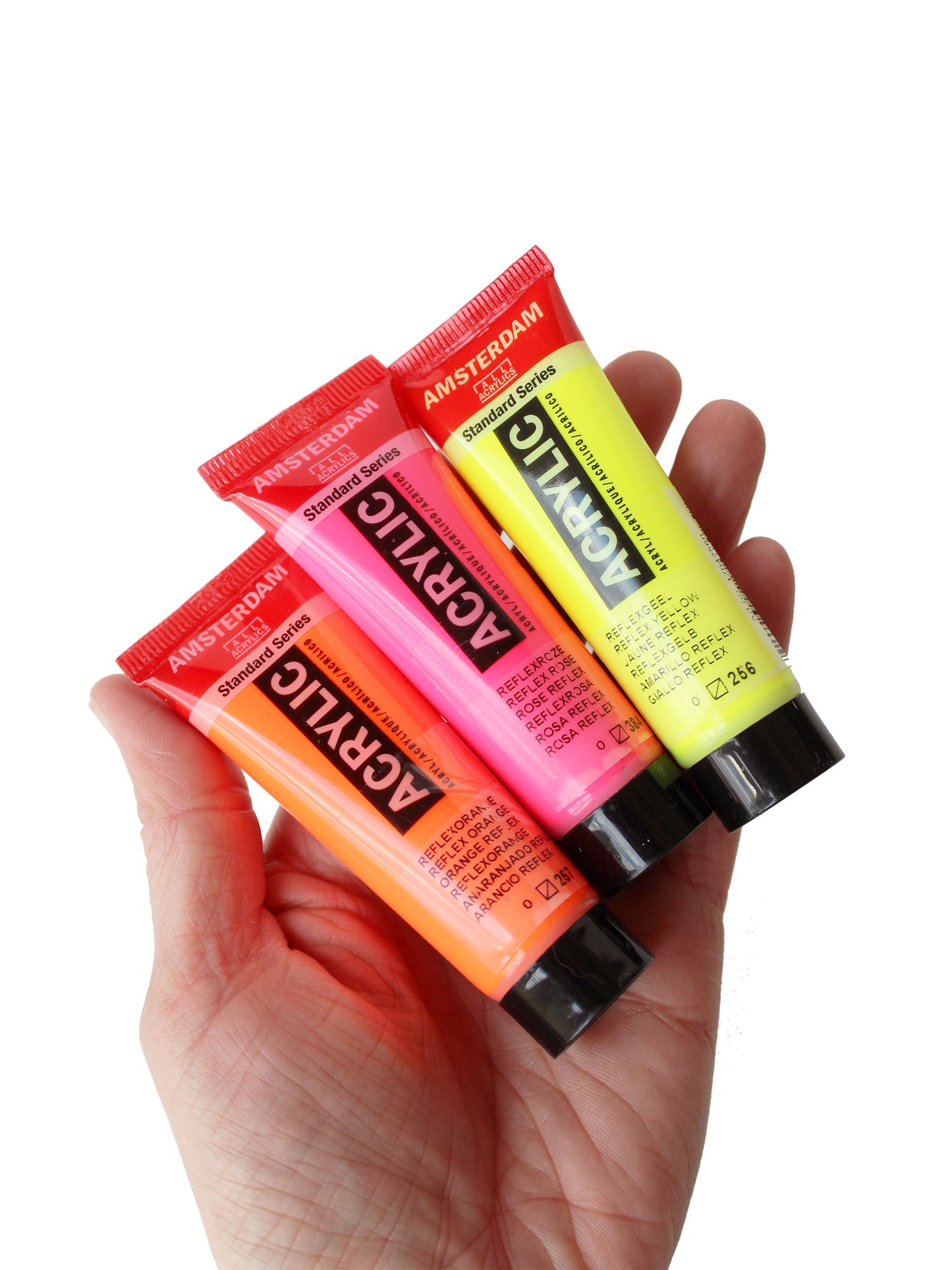 Hand mit Neon Acrylfarben von Amsterdam bei Halfbird