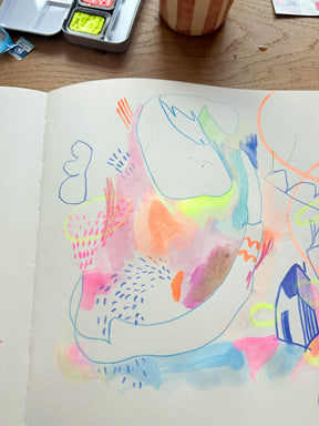 Bild gemalt mit dem Aquarellfarbkasten in Neonfarben von Halfbird