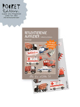 produktverpackung und inhalt reflektierende sticker von halfbird mit feuerwehr, rakete, hubschrauber, betonmischer,  lkw und tatütataa