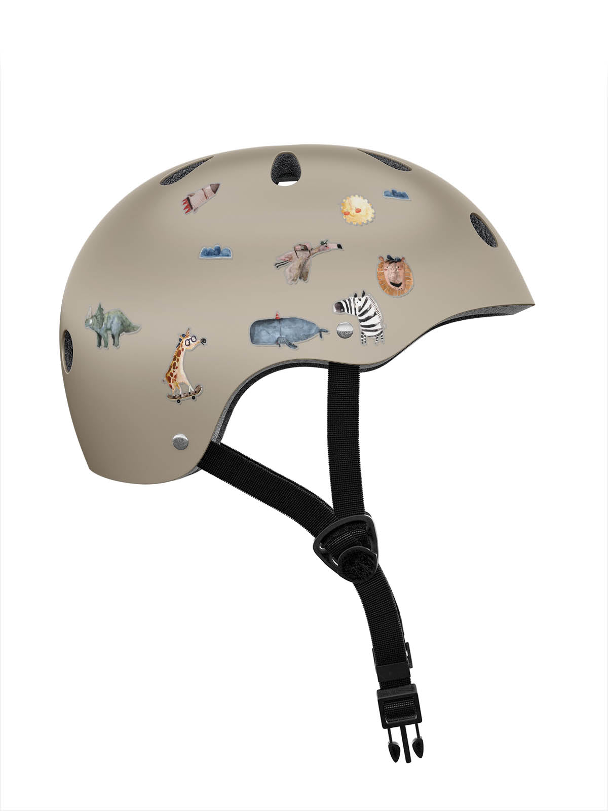 Fahrradhelm mit reflektirenden aufkleber beklebt. dabei sind giraffe, zebra, wal, flamingo, dino, sonne, rakete, wolken löwe