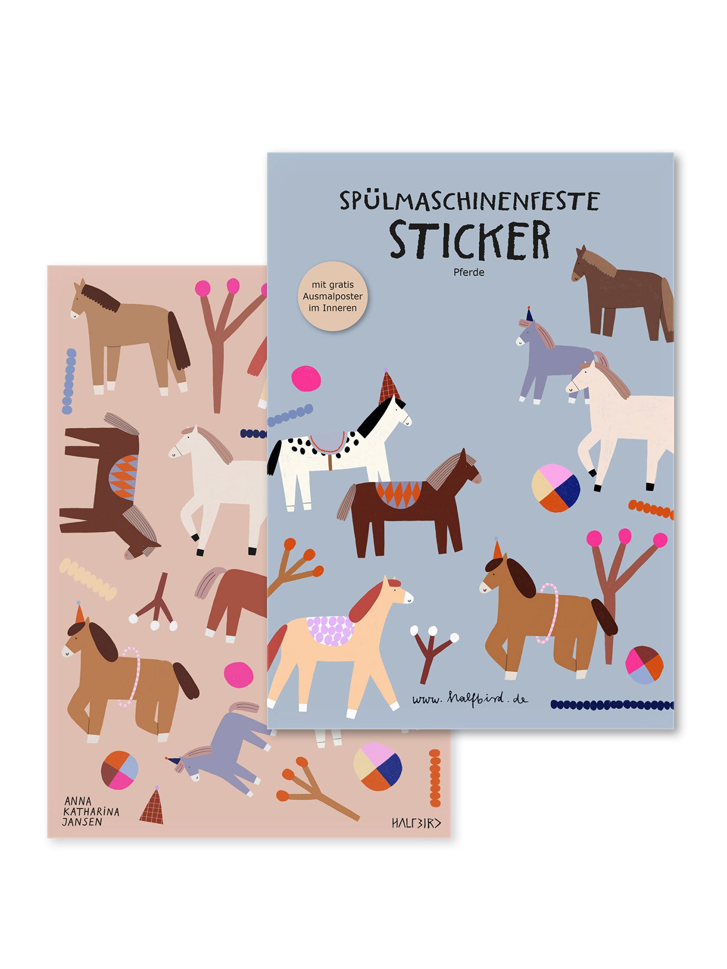 stickerbogen und verpackung der spülmaschinenfesten aufkleber von halfbird mit pferden und einem design von anna katharina jansen