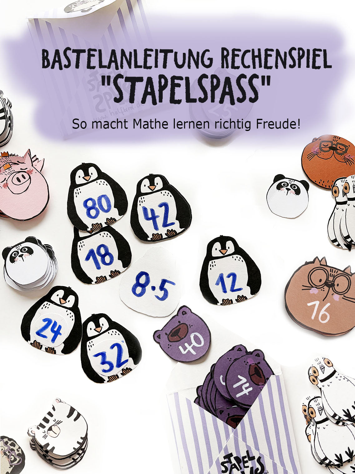 Titelbild zur Bastelanleitung von Halfbird auf dem unterschiedliche Tierkartensets mit Rechenaufgaben zu sehen sind: Pinguine, Bären, Katzen, Schweine, Pandas, Tauben und Otter.