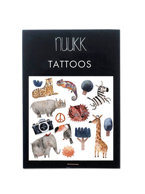 Kindertattoos Safari von Nuukk und halfbird mit Giraffe, Chamäleon, Tukan, Zebra, Nashorn, Tiger, Elefant und KAmera