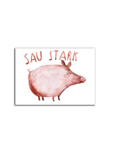 Postkarte mit Schwein und Schriftzug sau stark in rot