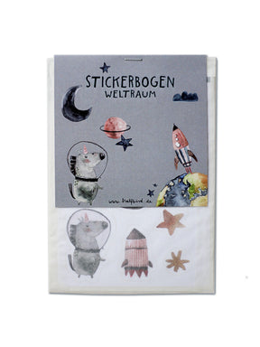 Stickerbogen Weltraum von halfbird in plastikfreier Produktverpackung aus Recyclingpapier