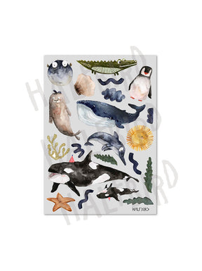 Stickerbogen Meereswelt mit Wal, Krokodil, Pinguin, Delphin, Schwertwal Kugelfisch, Muschel unc co.