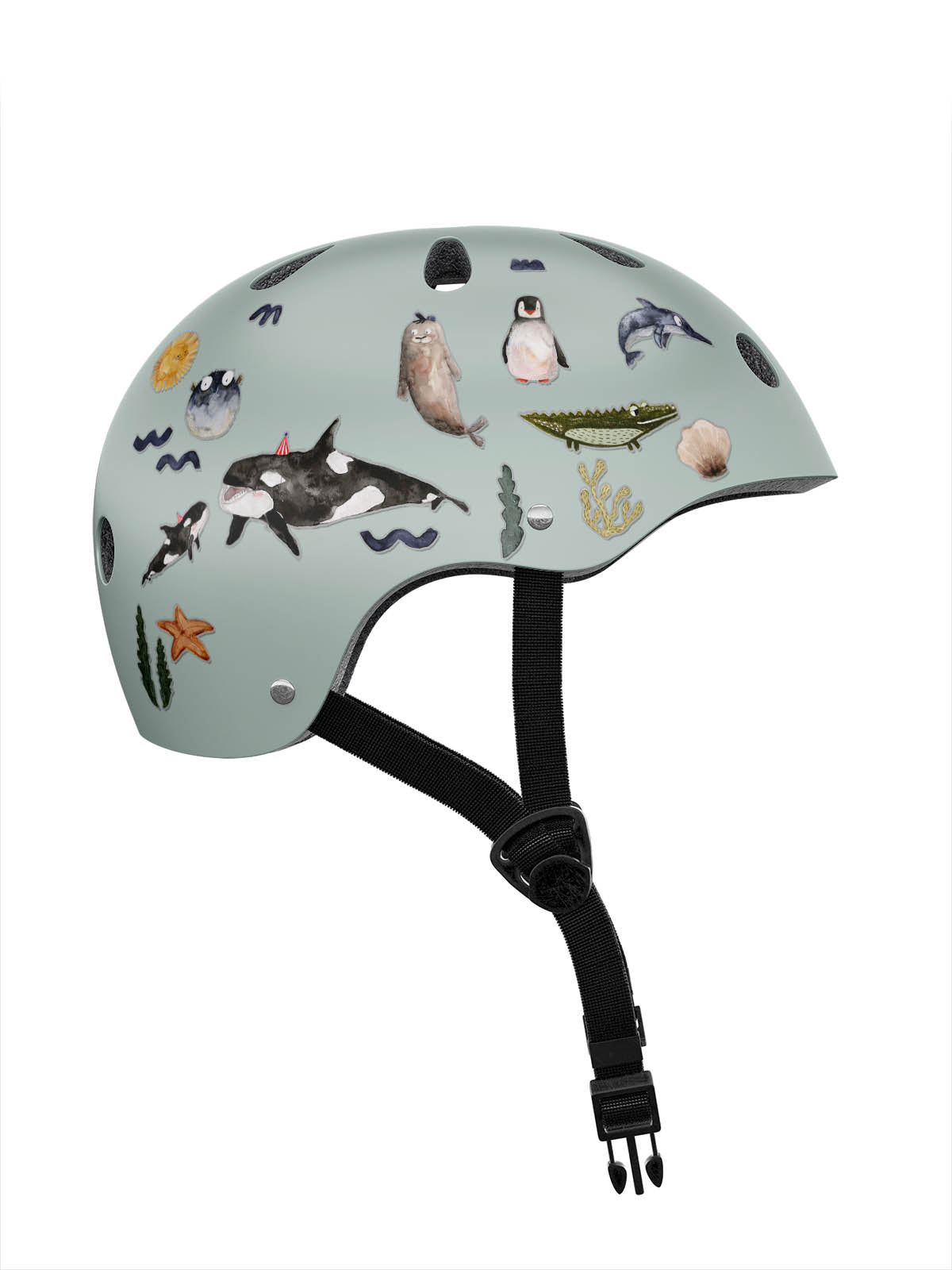 Fahrradhelm mint beklebt mit reflektierenden Aufklebern Schwertwal, Kugelfisch, Pinguin, Delphin, Krokdil und Co.