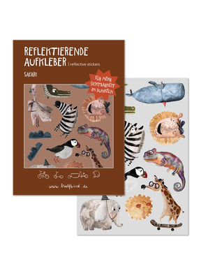 reflektierende Safari Sticker als Set mit Krokodil, Löwe, Giraffe, Wal, Zebra, Elefant und co